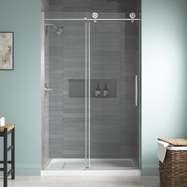 Home Decorators Collection Dylan 46 1/2 in. - 48 in. W x 76 in. H Sliding Frameless Shower Door in Brushed Nickel with Clear Glass