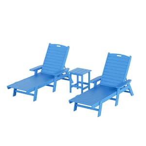 Harlo 3-Piece Pacific Blue Fade Resistant HDPE Plastic Reclining Outdoor Patio Chaise Lounge Arm Chair and Table Set