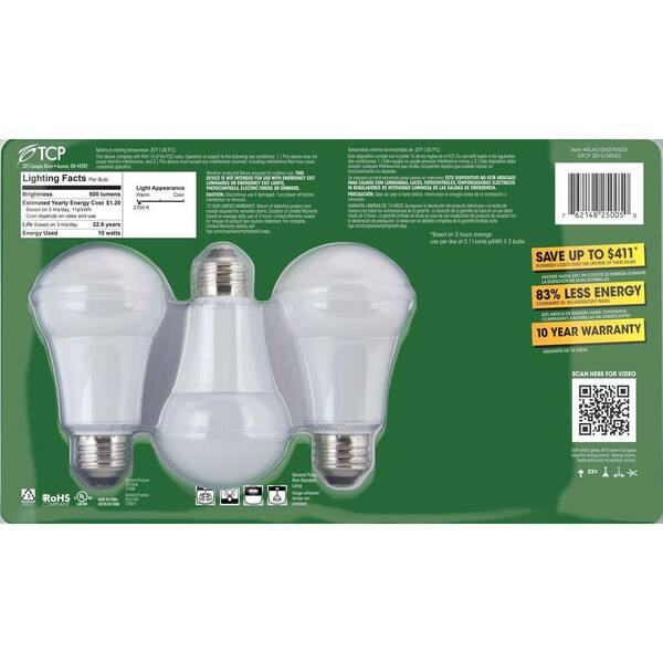 TCP - 60W Equivalent Soft White (2700K) A19 Non-Dimmable LED Light Bulb (3-Pack)