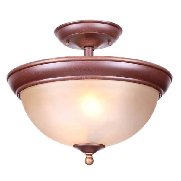 Hampton Bay Bristol Collection 13 in. 2-Light Nutmeg Bronze Semi-Flush Mount with Tea Stained Glass Shade