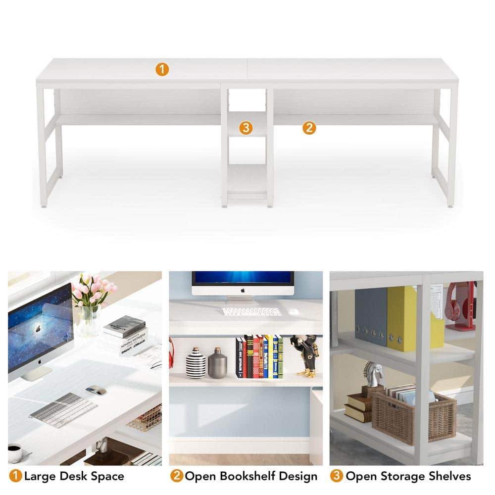 White Double Workstation Desk with Bookshelf and Storage Shelves