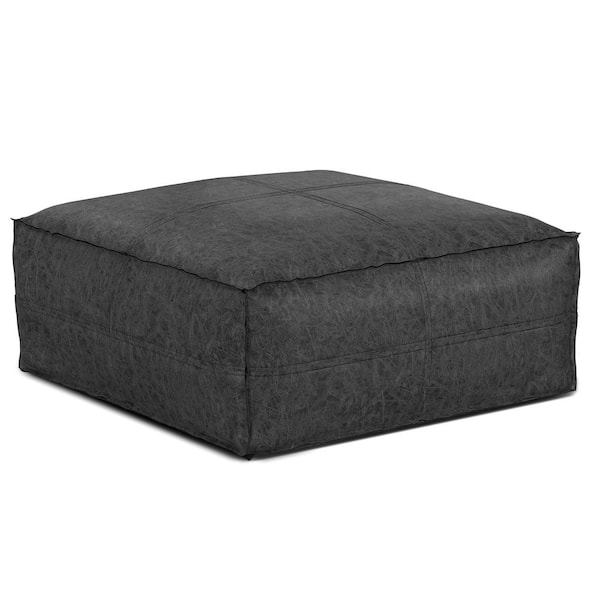 Simpli Home Brody Boho Square Pouf in Distressed Black Vegan Faux Leather
