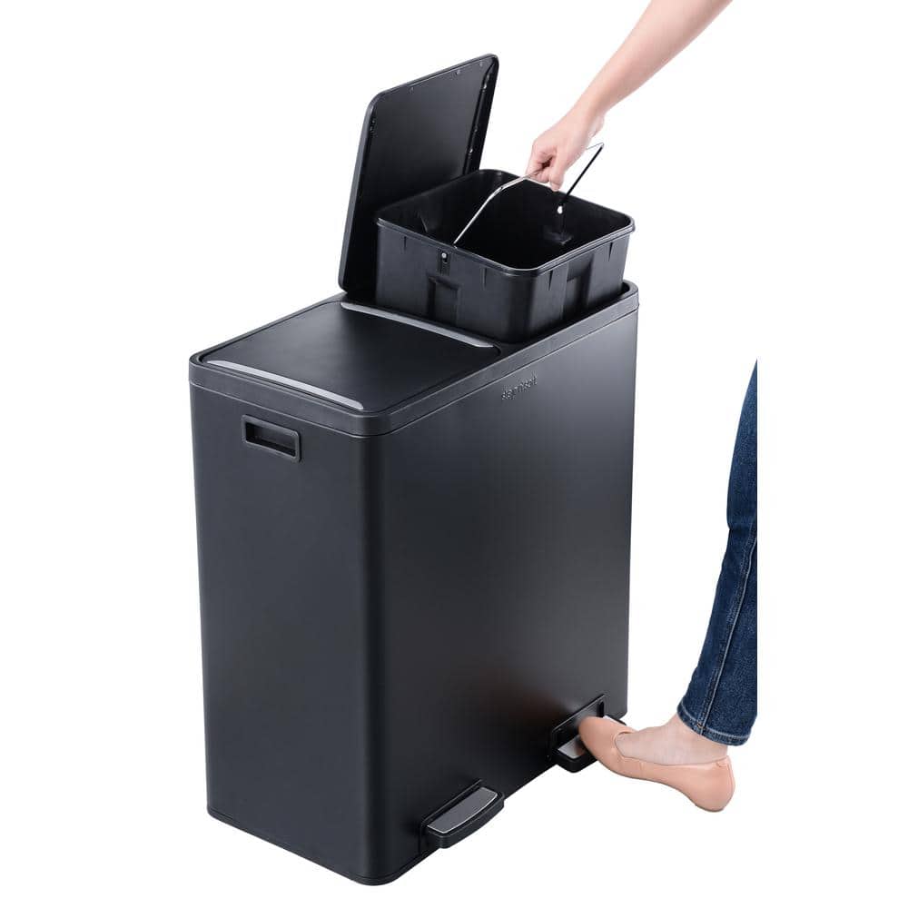 Large Black Stainless Steel Dual Compartment Trash and Recycling Bin