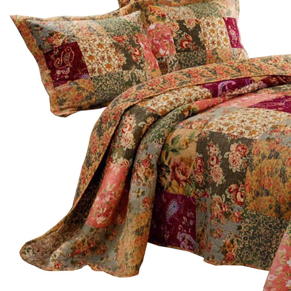 Multicolor Floral Patchwork Queen Microfiber Quilt Set