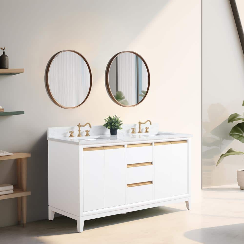 60" White Double Sink Bathroom Vanity with Engineered Marble Top