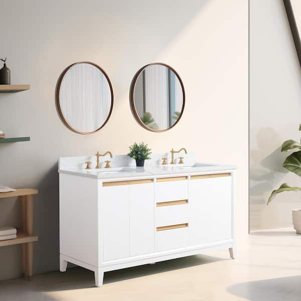 60 in. W x 22 in. D x 34 in. H Double Sink Bathroom Vanity in White with Engineered Marble Top