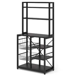 Kathleen 63 in. Black Wood Kitchen Baker's Rack, 6-Tier Microwave Oven Stand with 6 Hooks and 2 Wire Baskets