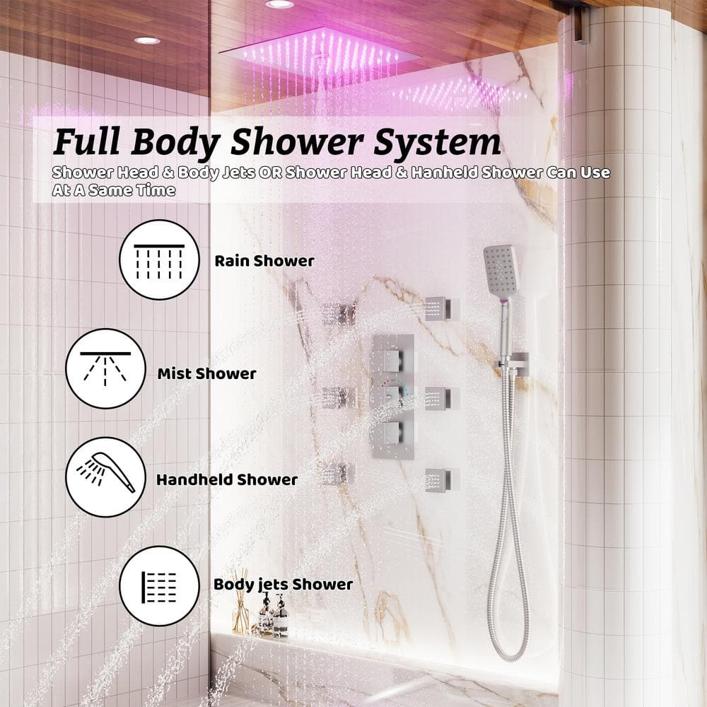 12" Brushed Nickel LED Ceiling Mounted Rainfall Shower System