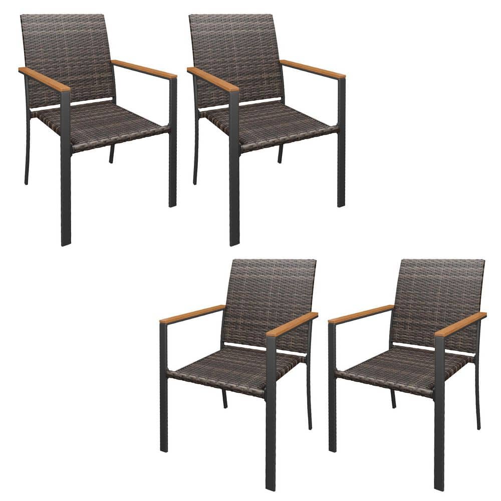 Brown Wicker Outdoor Dining Chairs Set of 4, Stackable Rattan Patio Chairs with Wooden Armrest and Black Metal Frame price history on PriceWatchPro