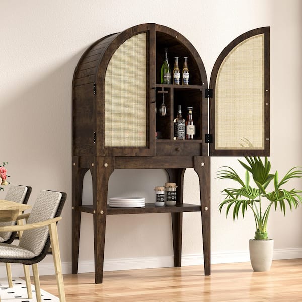 Brown Wood and Rattan Bar Cabinet, Arched Wine Storage Cabinet with 4-Row Glass Holders