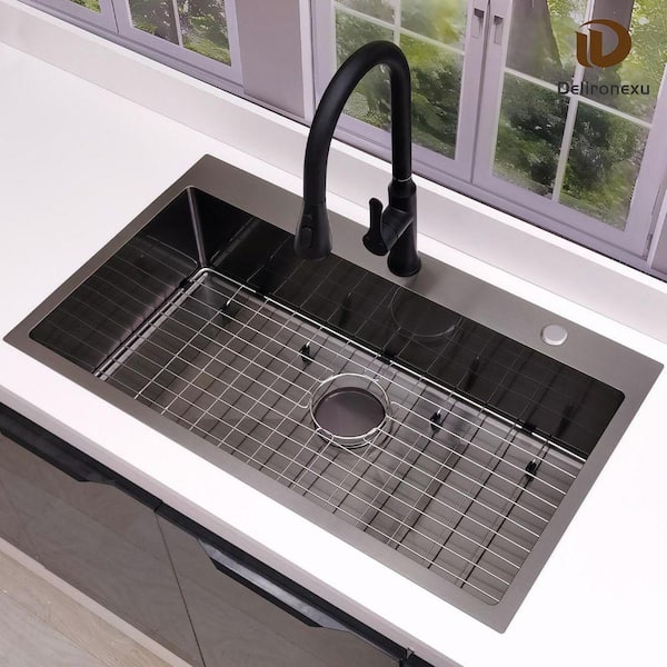 Delironexu 33 Inch Drop In Black Kitchen Sink-33x19 Top Mount, 16