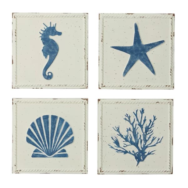 Litton Lane Metal Cream Speckled Sea Horse Wall Decor with Starfish, Shell, and Coral Designs (Set of 4)