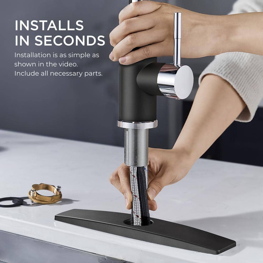 Black Chrome Single Handle Pull Down Kitchen Faucet with Soap Dispenser