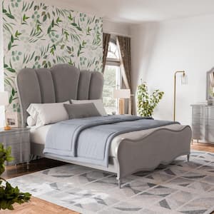 Seabliss Glam Silver Velvet Wood Frame King Platform Bed with Padded Tall Headboard