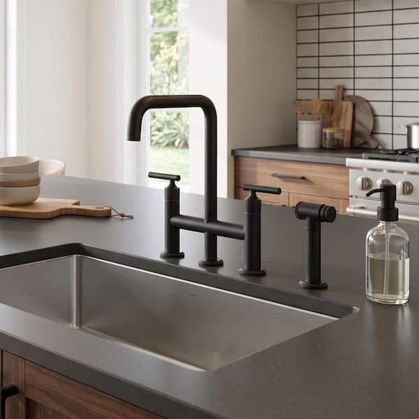 Double Handle Deck Mount Bridge Kitchen Faucet with Side Sprayer in Matte Black