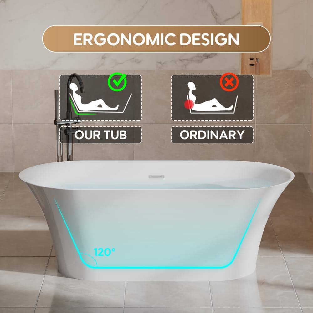 67-Inch Glossy White Acrylic Freestanding Soaking Bathtub with Chrome Drain