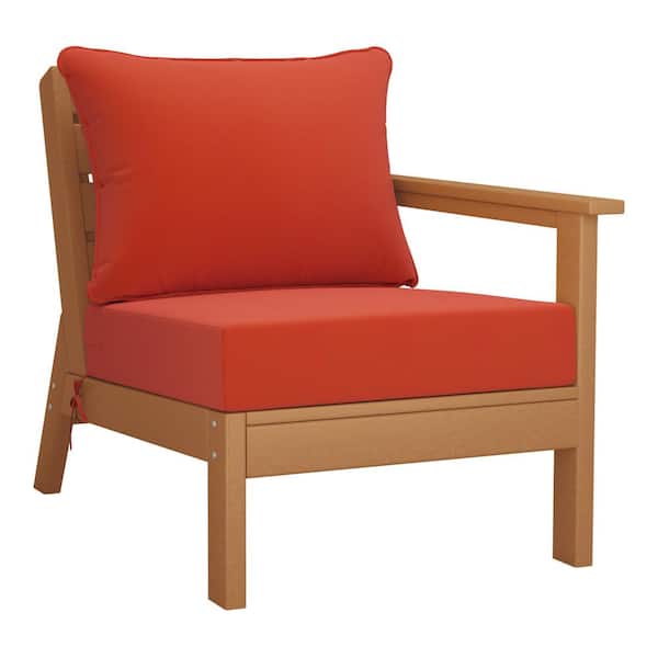 WESTIN OUTDOOR Birchwood Outdoor Patio Deep Seating Right Facing Arm HDPE Lounge Chair in Teak with Orange Cushions