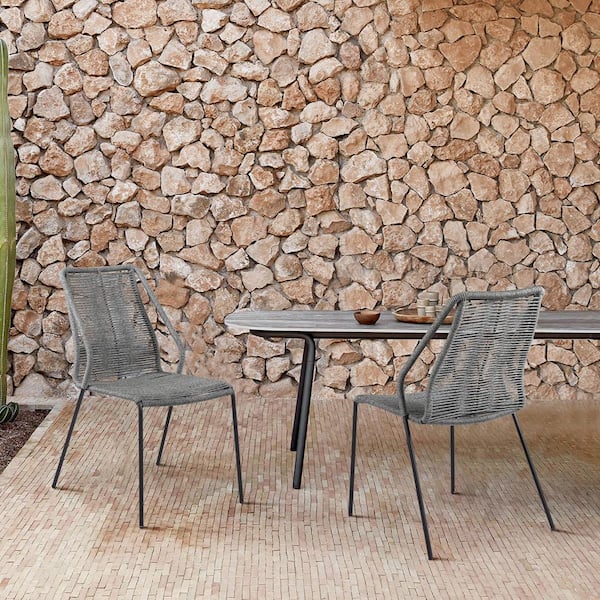 Armen Living Clip Stackable Steel Indoor Outdoor Dining Chair with Grey Rope (Set of 2)