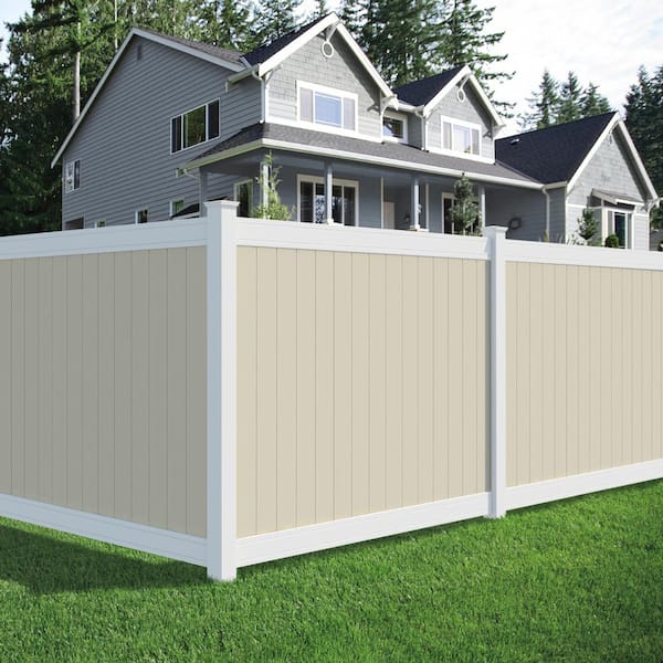 Veranda Pro Series 5 in. x 5 in. x 8 ft. Tan Vinyl Woodbridge Routed End Fence Post