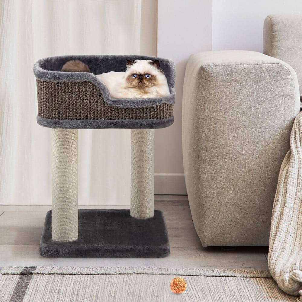 Gray Plush and Sisal Freestanding Cat Tree with Perch