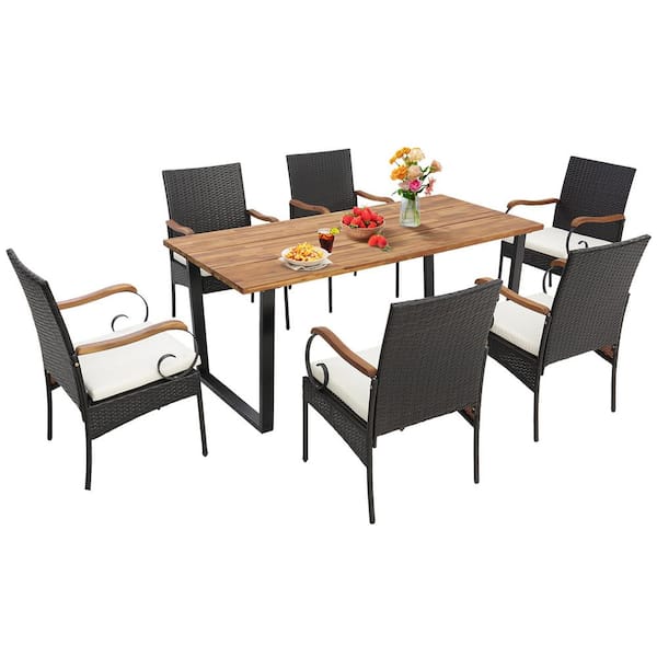 Costway 7 Piece Wicker Outdoor Dining Set Acacia Wood Table 6 Wicker Chairs with Umbrella Hole and White Cushions
