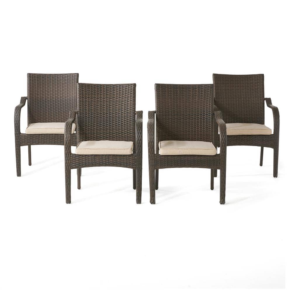 Stacking Wood Outdoor Dining Chair with Water-Resistant Beige Cushion, Iron
