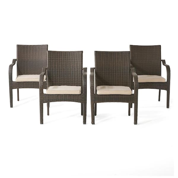 Unbranded Stacking Wood Outdoor Dining Chair with Water-Resistant Beige Cushion, Iron Frame and Polyethylene Wicker Wrap (4-Pack)
