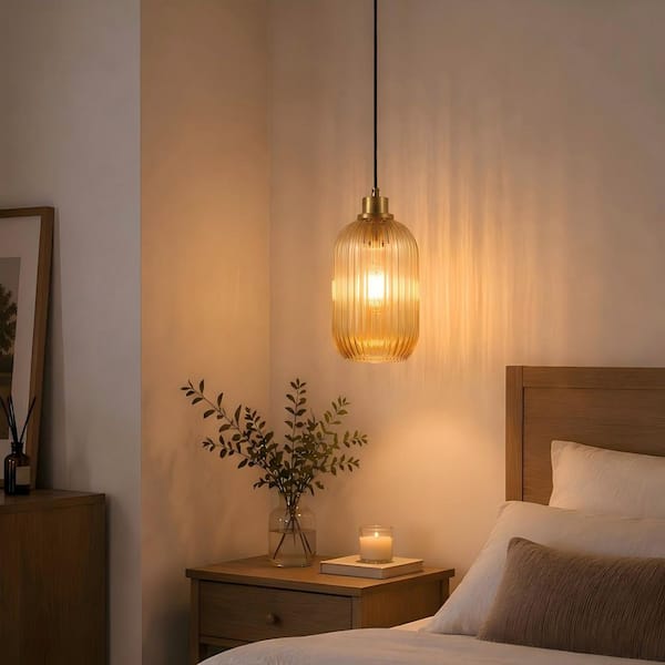 2-Pack Antique Brass Cylinder Pendant Light with Amber Ribbed Glass Shade E26 1-Light Hanging Ceiling Light for Kitchen