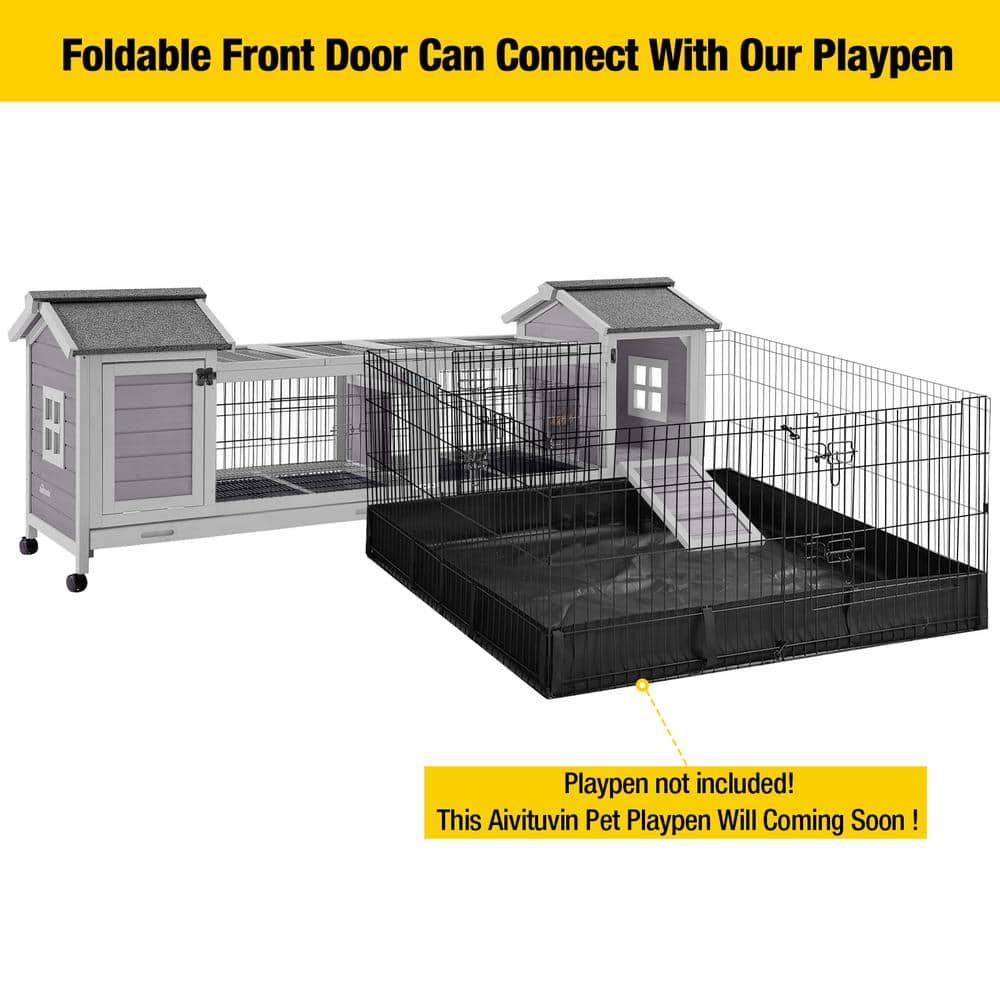 Gray Wooden Indoor/Outdoor Rabbit Hutch with Double House and Run