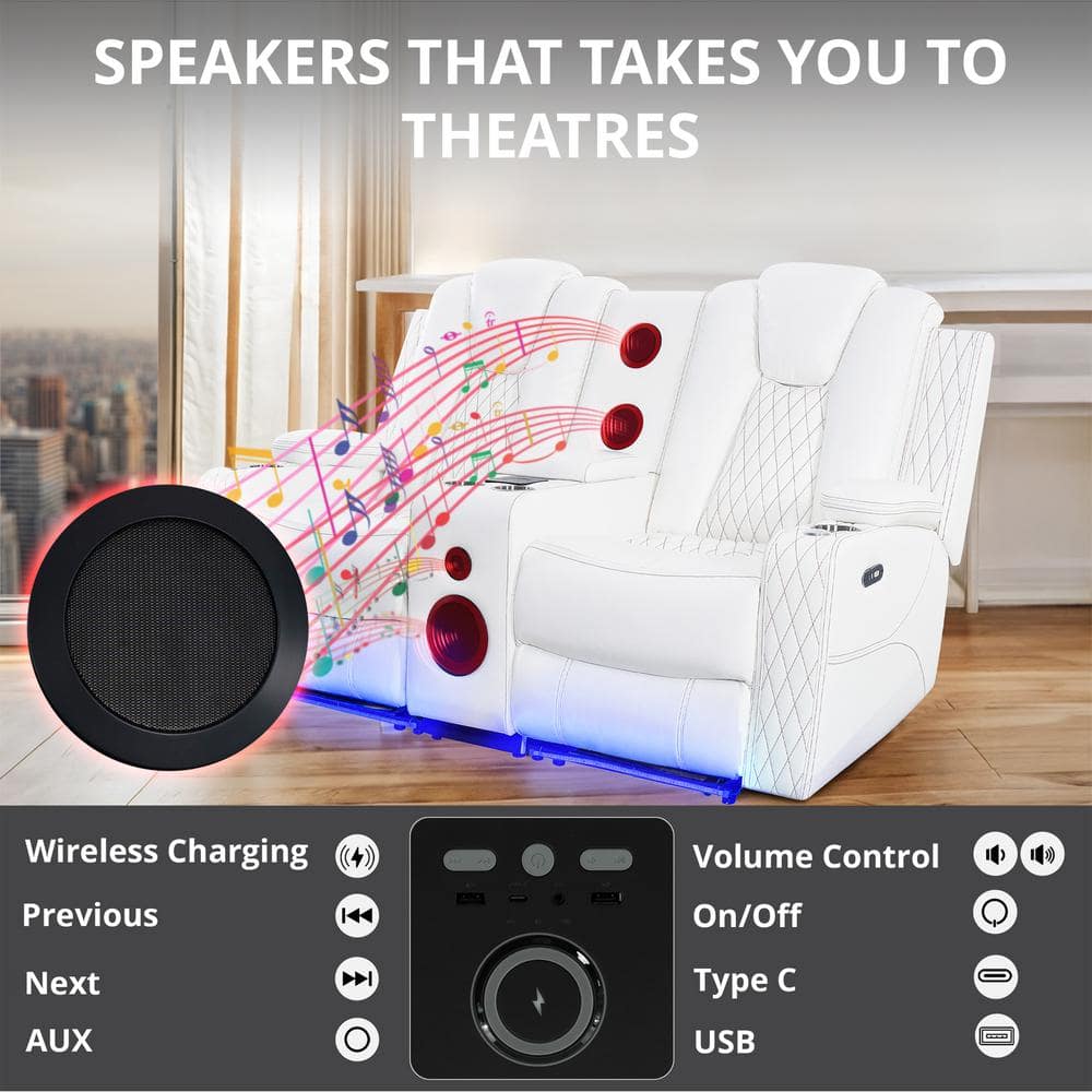 White Faux Leather Reclining Loveseat with Cup Holders and LED Lights