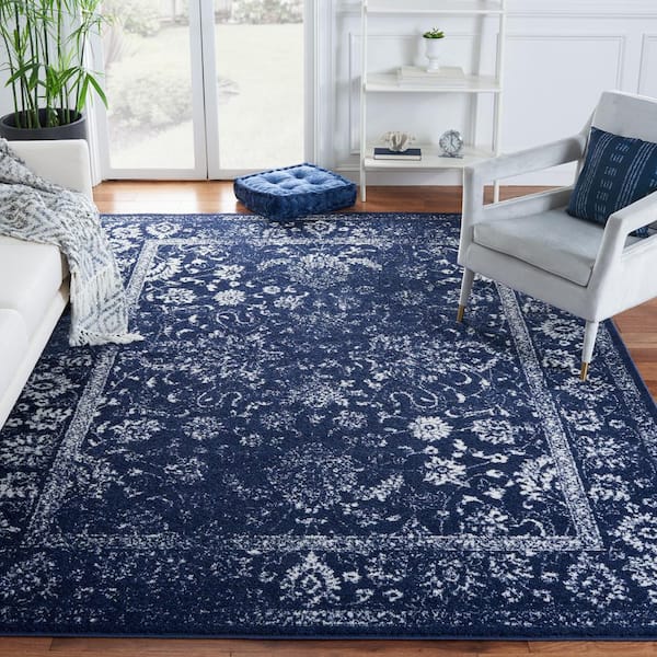 Adirondack Navy/Ivory 11 ft. x 15 ft. Border Distressed Area Rug