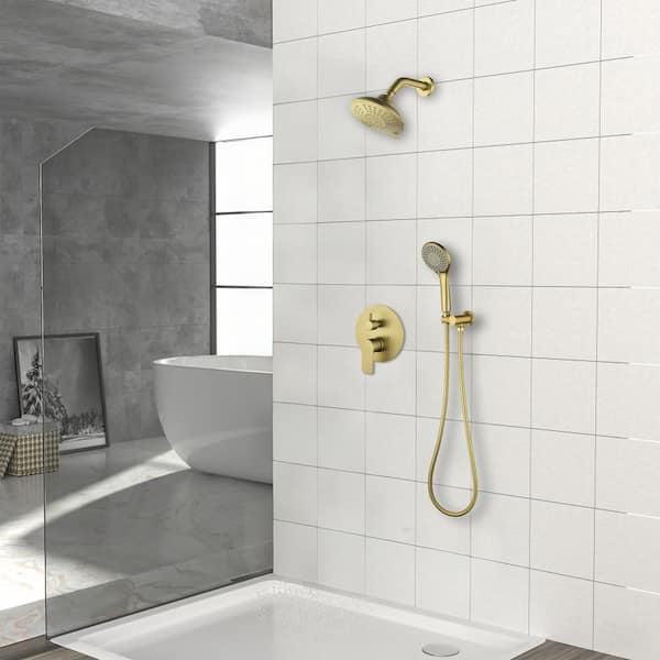 2-Spray Patterns 6 in. Wall Mount Dual Shower Heads Shower System with 3-Setting Hand Shower in Brushed Gold