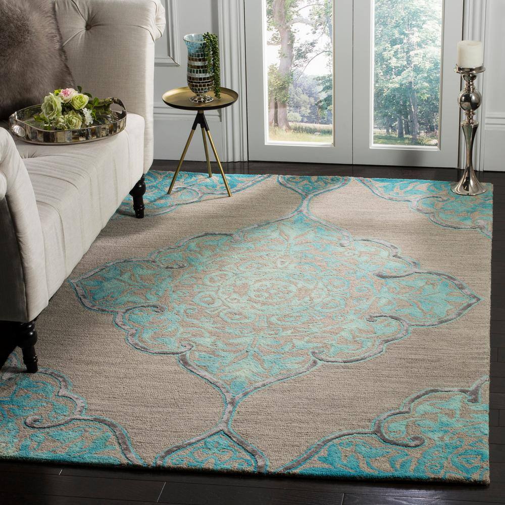 Handmade Tufted Floral Grey & Turquoise Wool-Silk Round Accent Rug