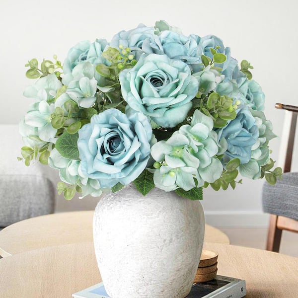 LIVING LUXURY 19 in. Light Turquoise Blue Artificial Elegant Rose