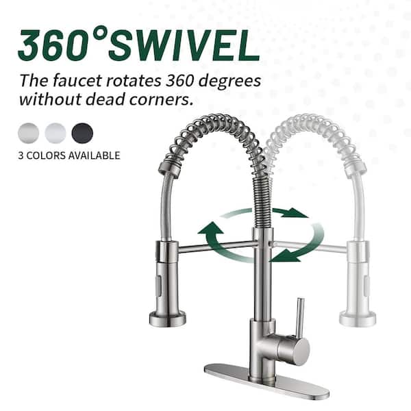 Single-Handle Pull Out Sprayer Coil Spring High-Arc Kitchen Faucet with Deckplate Sink Faucet in Brushed Nickel
