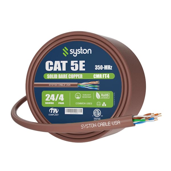 Syston Cable Technology 50 ft. Tan CMR Cat 5e 350 MHz 24 AWG Solid Bare Copper Ethernet Network Wire Data Cable - Bulk No Ends Heat Resistant