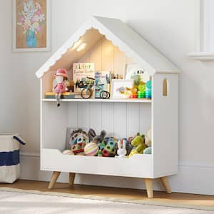 41.34 in. H White 2-Tier Storage Wooden Kids Bookshelf with Bulb and 4 Legs Dollhouse Bookcase for Kids Room or Nursery