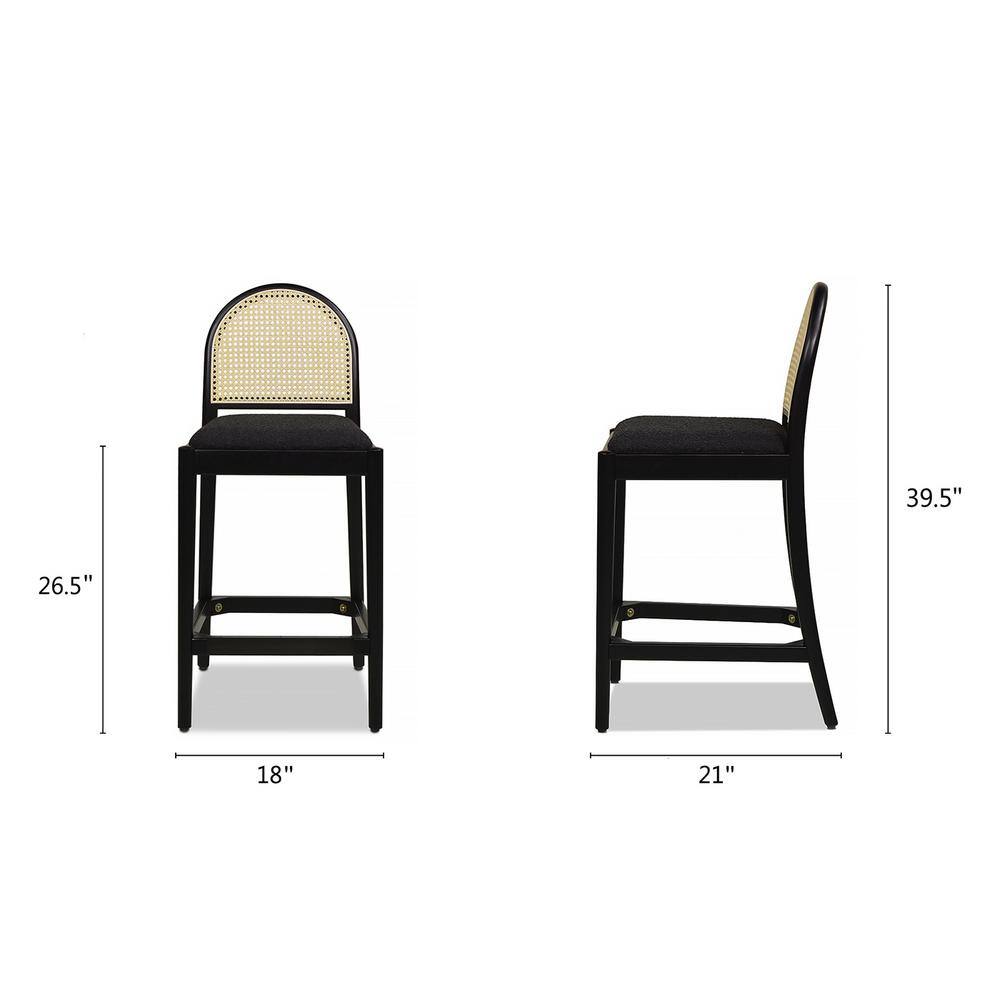 Ebony Black Boucle Oak Counter Stools with Cane Back, Set of 2