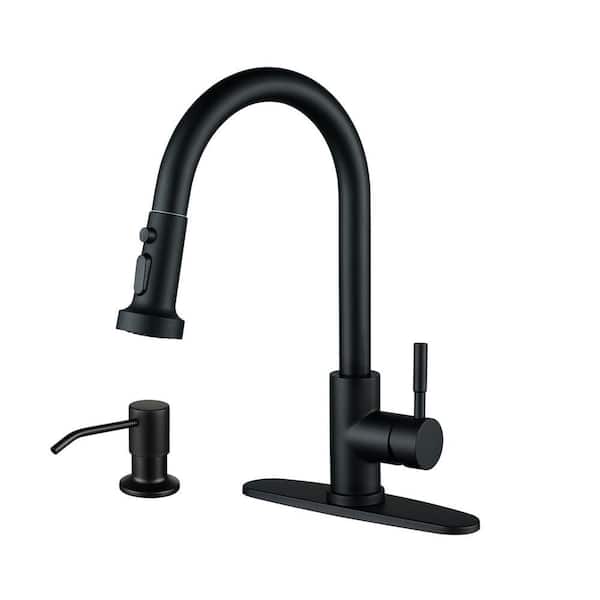 3-Function Single Handle Pull Down Sprayer Kitchen Faucet With Soap Dispenser in Matte Black