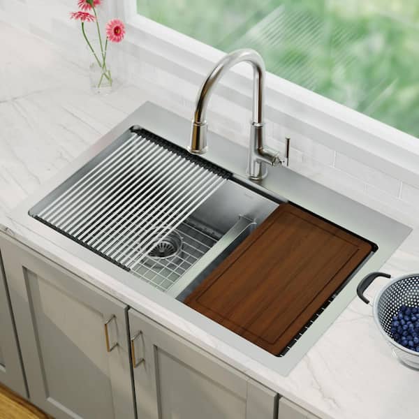 33 in. Drop-In 50/50 Double Bowl 16-Gauge Stainless Steel Workstation Kitchen Sink