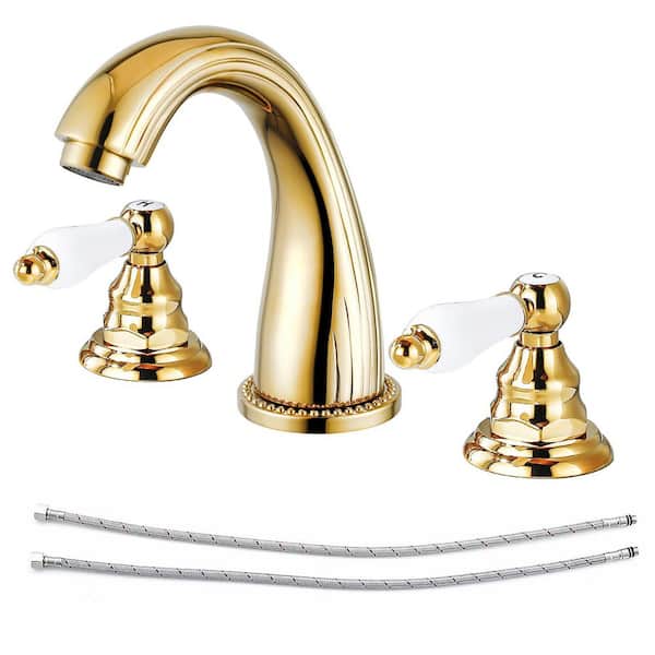 Double Handles 8 in. Widespread Bathroom Faucet 3-Hole Sink Faucet in Polished Gold