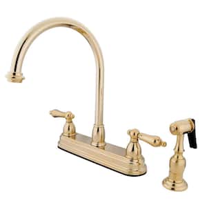 Restoration 2-Handle Deck Mount Centerset Kitchen Faucets with Side Sprayer in Polished Brass