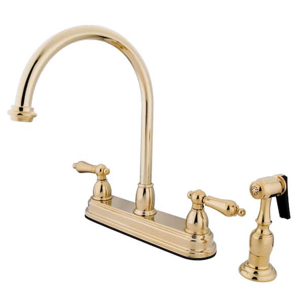 Kingston Brass Restoration 2-Handle Deck Mount Centerset Kitchen Faucets with Side Sprayer in Polished Brass