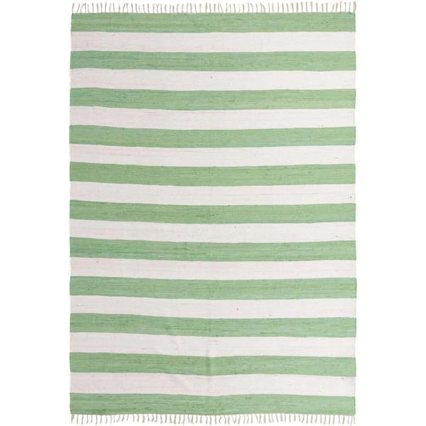 Unique Loom Chindi Rag Striped Green and Ivory 10' 0 x 14' 1 Area Rug