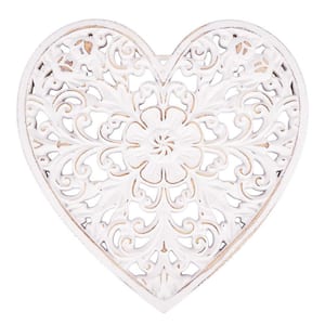12 in. Wood Heart-shaped Decorative Carved Floral-Patterned Distressed White MDF Sculpture Wall Panel Wall Art