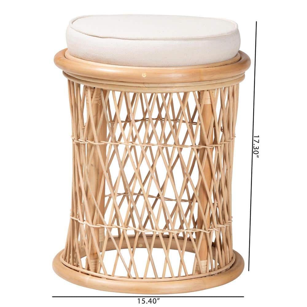 Junius Natural Rattan Round Ottoman with Fabric Cushion