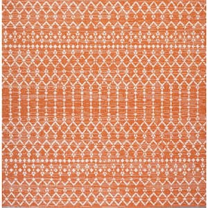 Ourika Moroccan Geometric Textured Weave Orange/Cream 5 ft. Square Indoor/Outdoor Area Rug