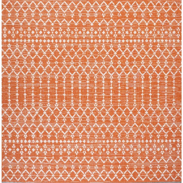 Ourika Moroccan Geometric Textured Weave Orange/Cream 5 ft. Square Indoor/Outdoor Area Rug