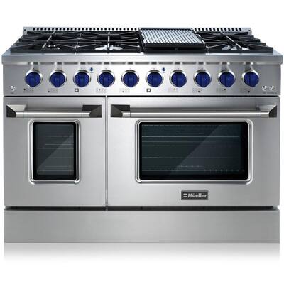 48 in. 6.7 cu. ft. Freestanding Double Oven Gas Range with 8 Burners and Griddle in Stainless Steel with Blue Knobs