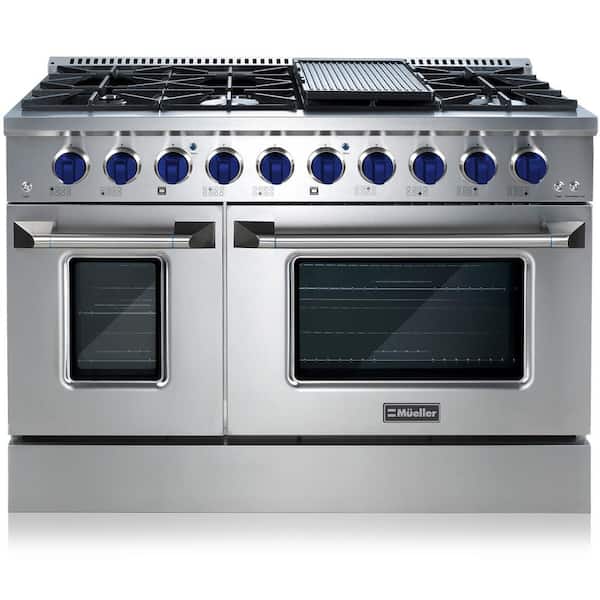 MUELLER 48 in. 6.7 cu. ft. Freestanding Double Oven Gas Range with 8 Burners and Griddle in Stainless Steel with Blue Knobs